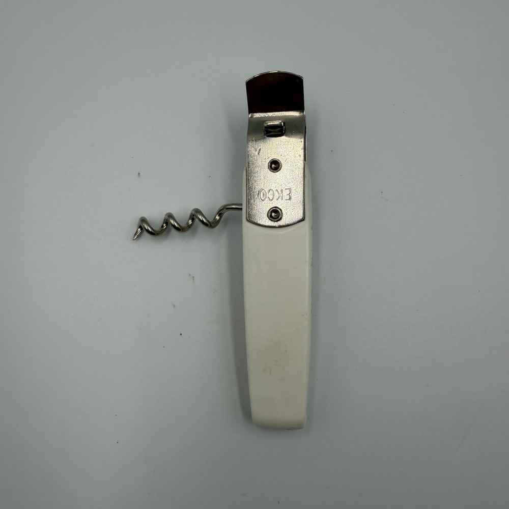 Vintage EKCO USA White Bottle Can Opener Retractable Wine Corkscrew Camping Tool